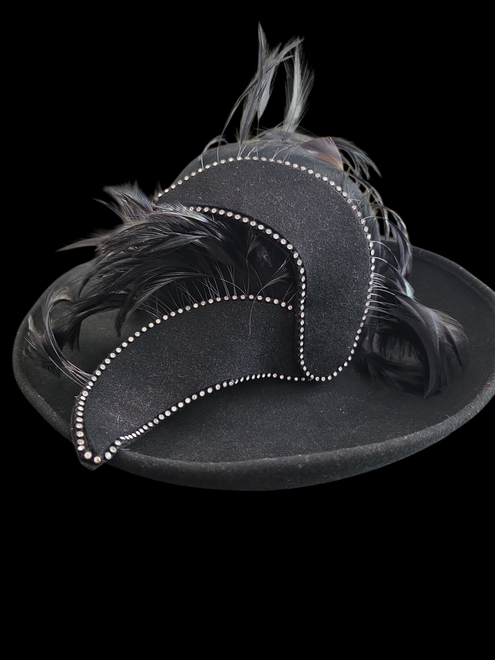 Black Feathered Felt Hat with Rhinestone Trim